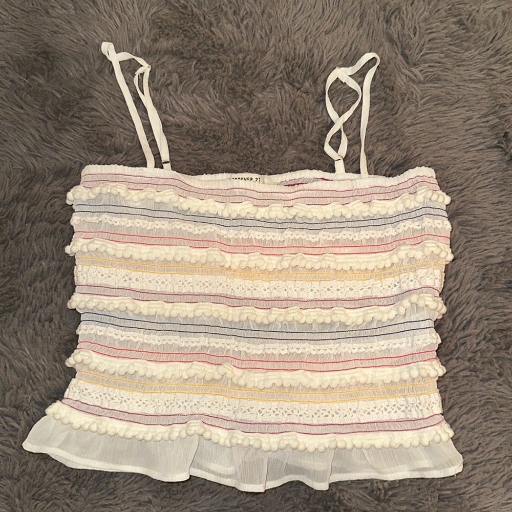 Forever 21 Pom Pom Multicolor Stitched Sheer Tank Top Size Small